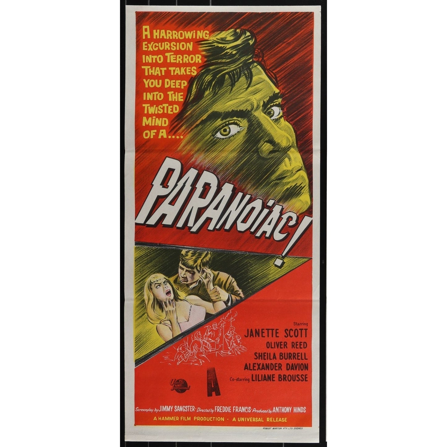 Paranoiac (1963) Original Australian Daybill Poster Folded 13x30