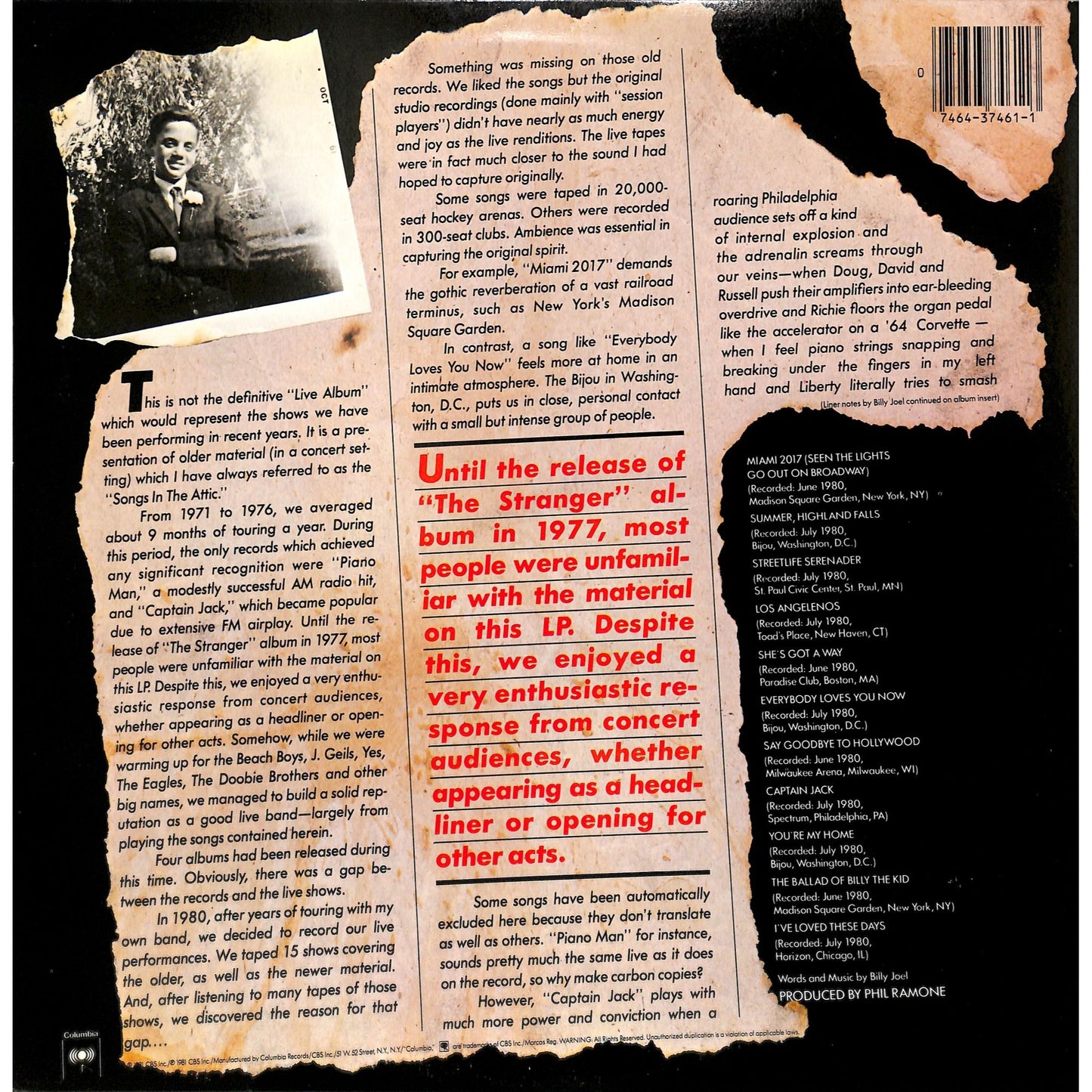 Billy Joel - Songs In The Attic Vinyl Record TC 37461