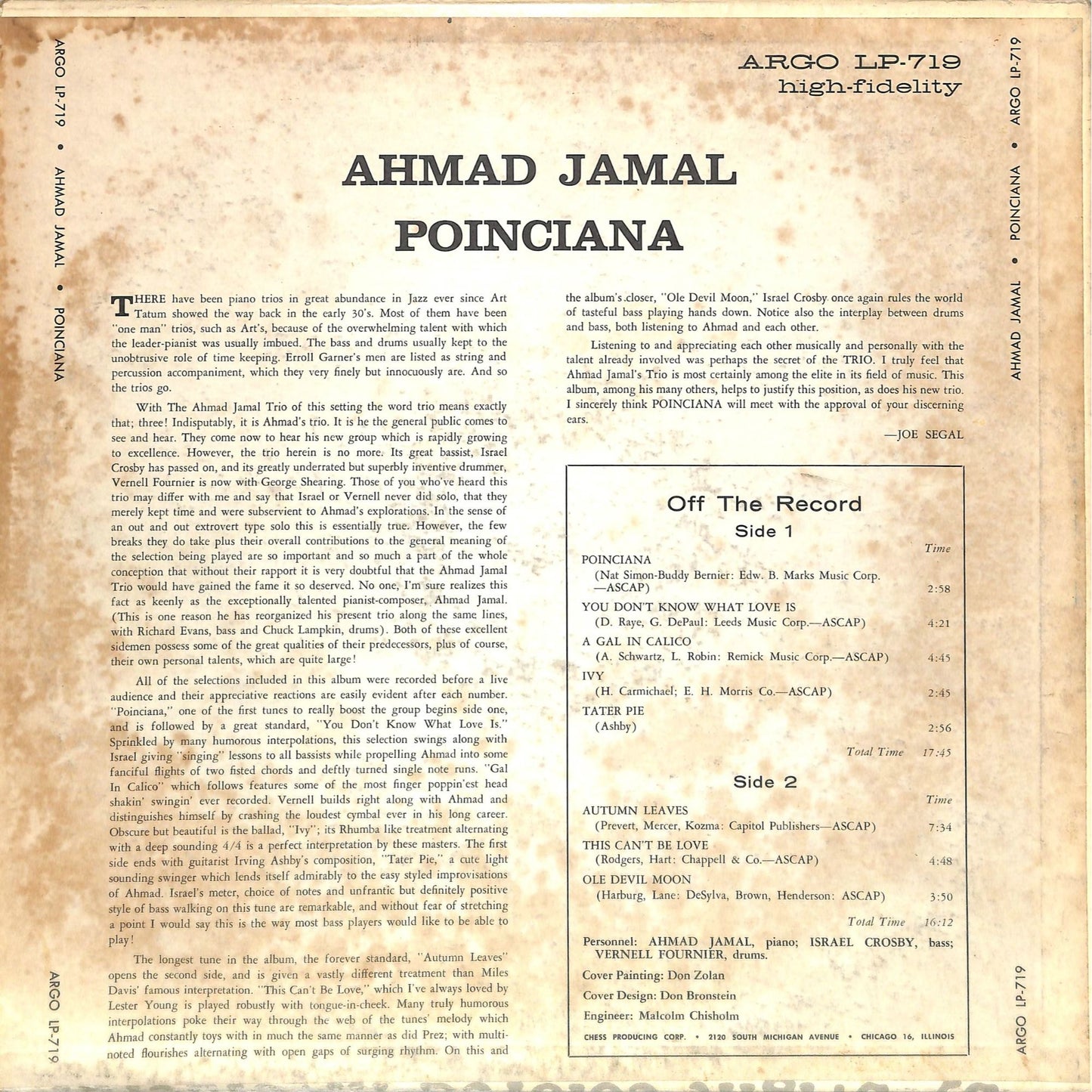 Ahmad Jamal - Poinciana (1963) Vinyl Record Argo 719