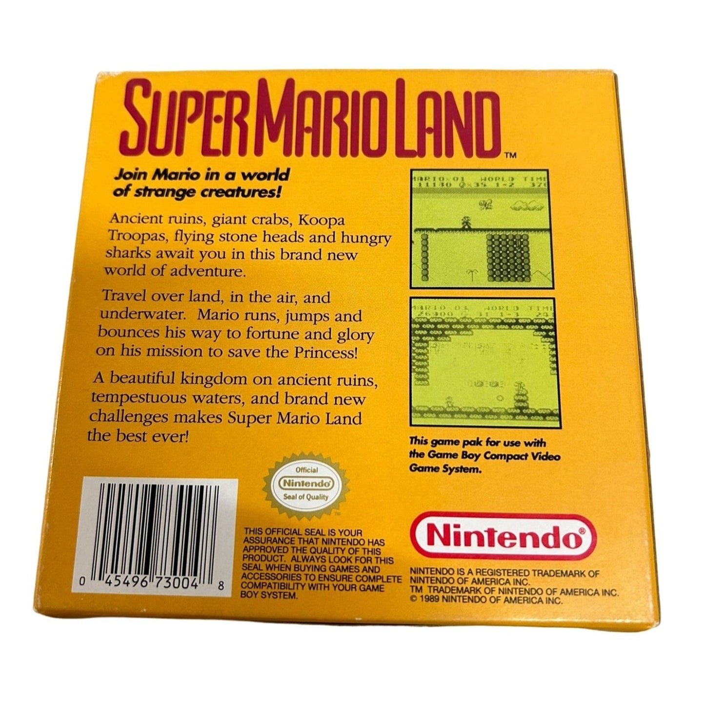 Super Mario Land (Game Boy 1989) Early Green Screen Print Box Complete w/ Manual