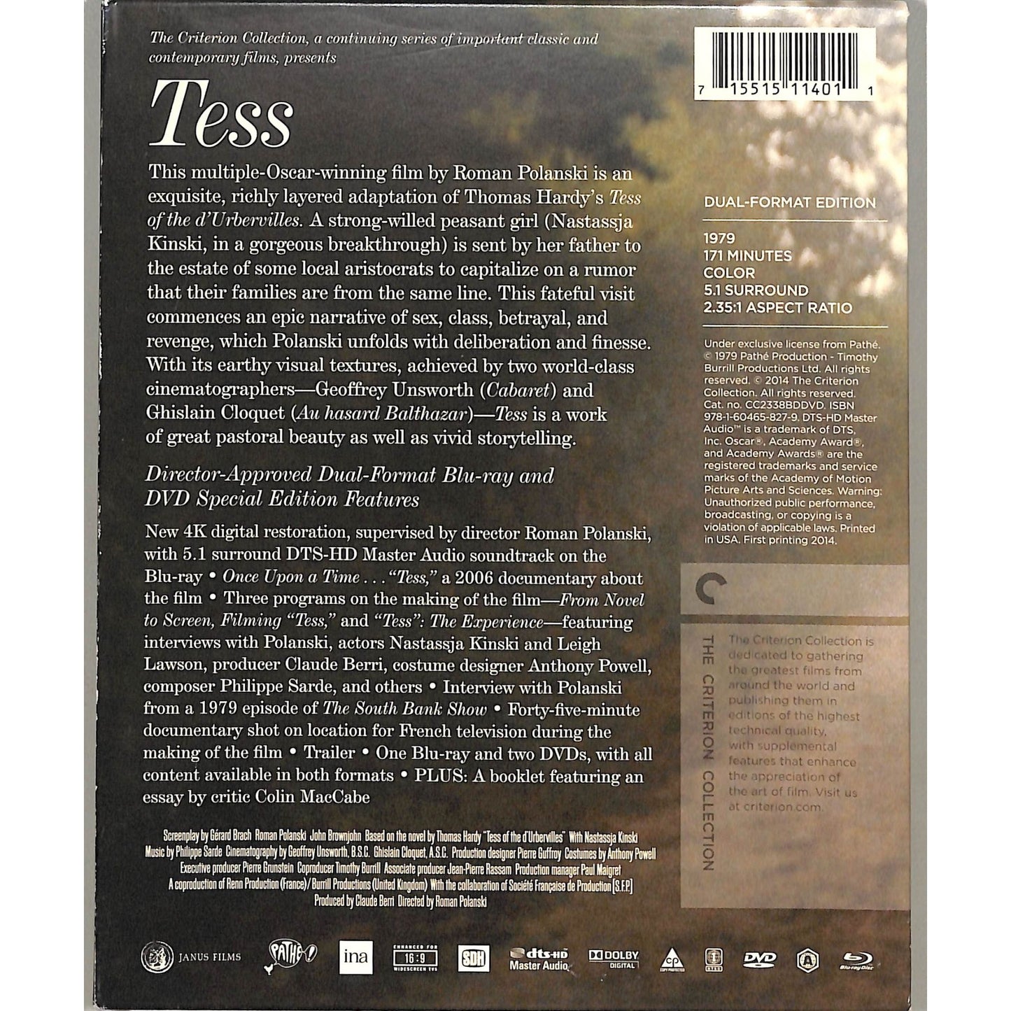 Tess (1979) The Criterion Collection Blu Ray Disc w/ Slipcase + Inserts