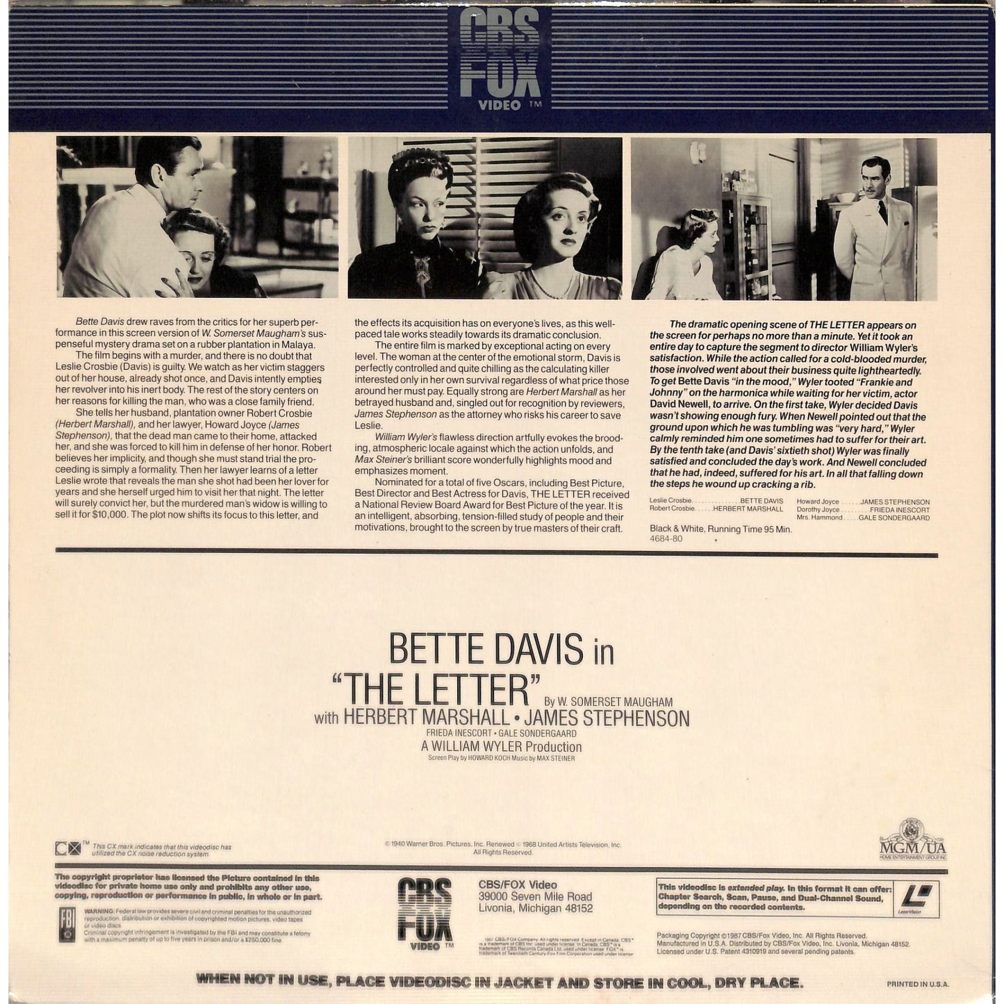 The Letter (1940) Laserdisc