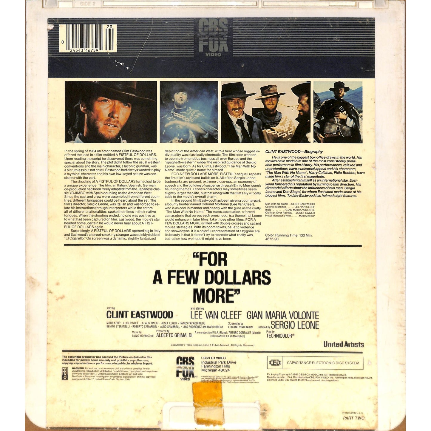 For A Few Dollars More (1965) CED RCA SelectaVision Videodisc TESTED WORKING