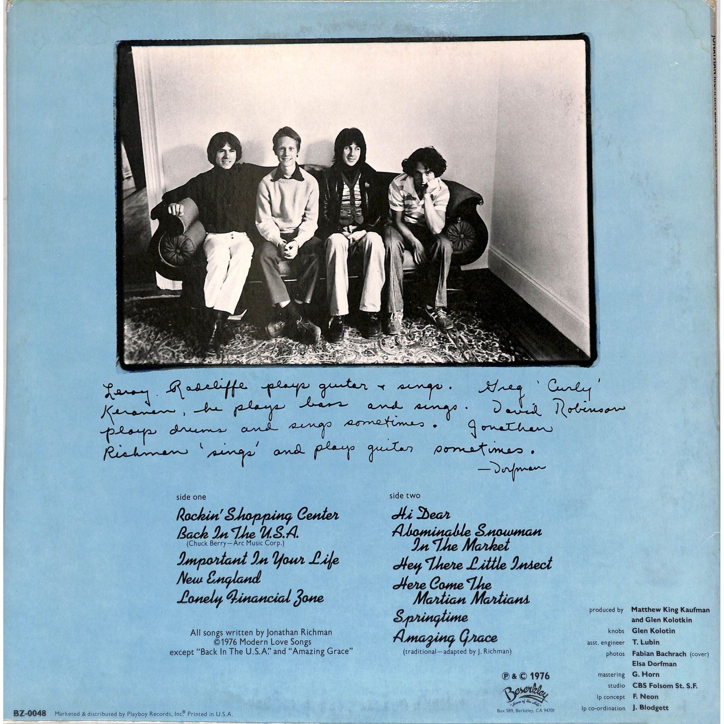 Jonathan Richman & the Modern Lovers Self-Titled Vinyl Record BZ-0048