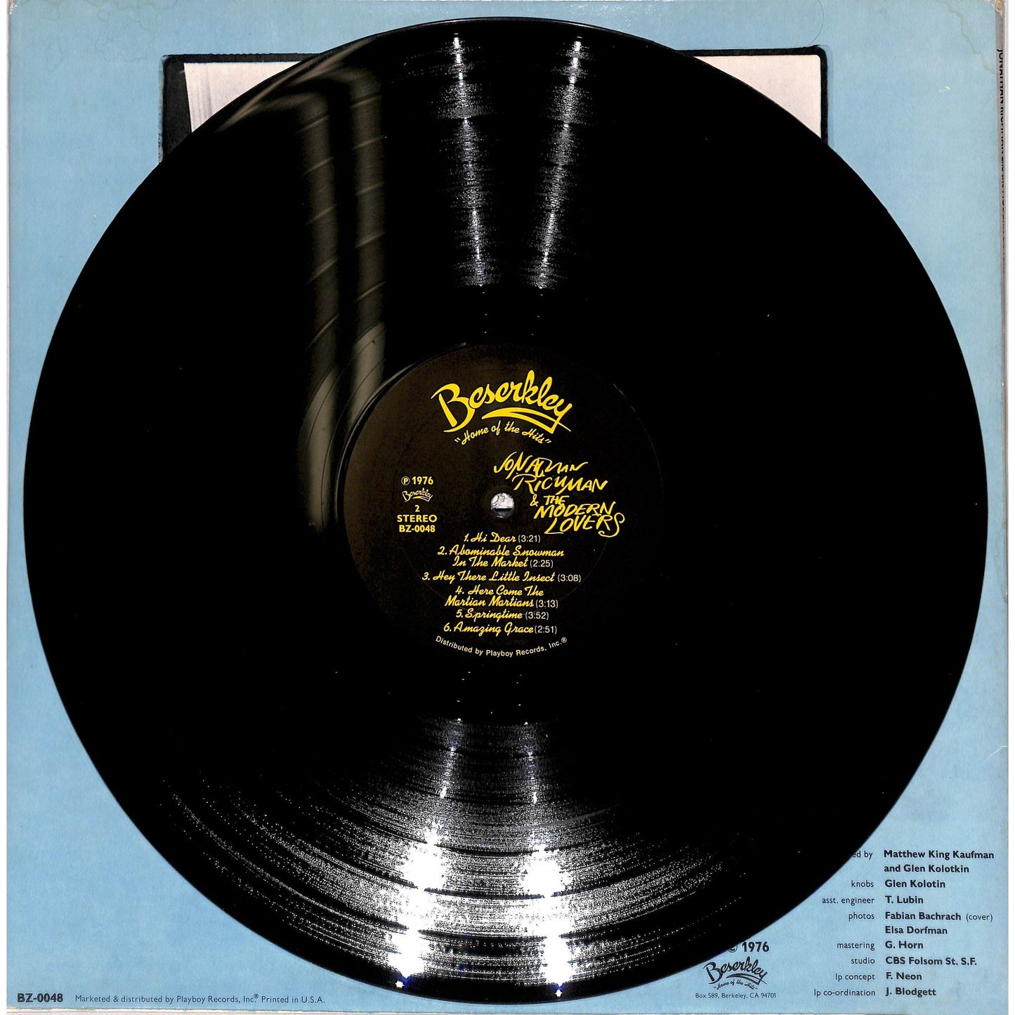 Jonathan Richman & the Modern Lovers Self-Titled Vinyl Record BZ-0048