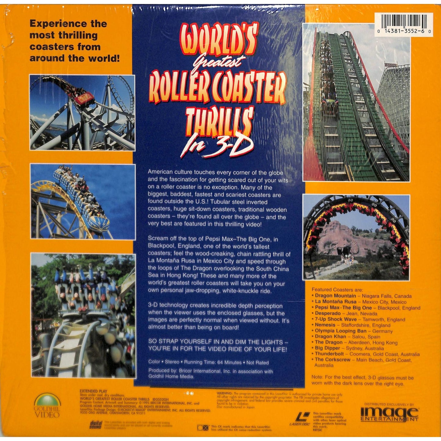 World's Greatest Roller Coaster Thrills in 3-D (1998) Laserdisc