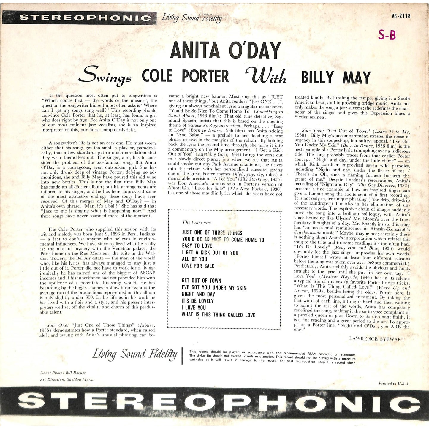 Anita O'Day Swings Cole Porter (1959) Vinyl LP V6 2118