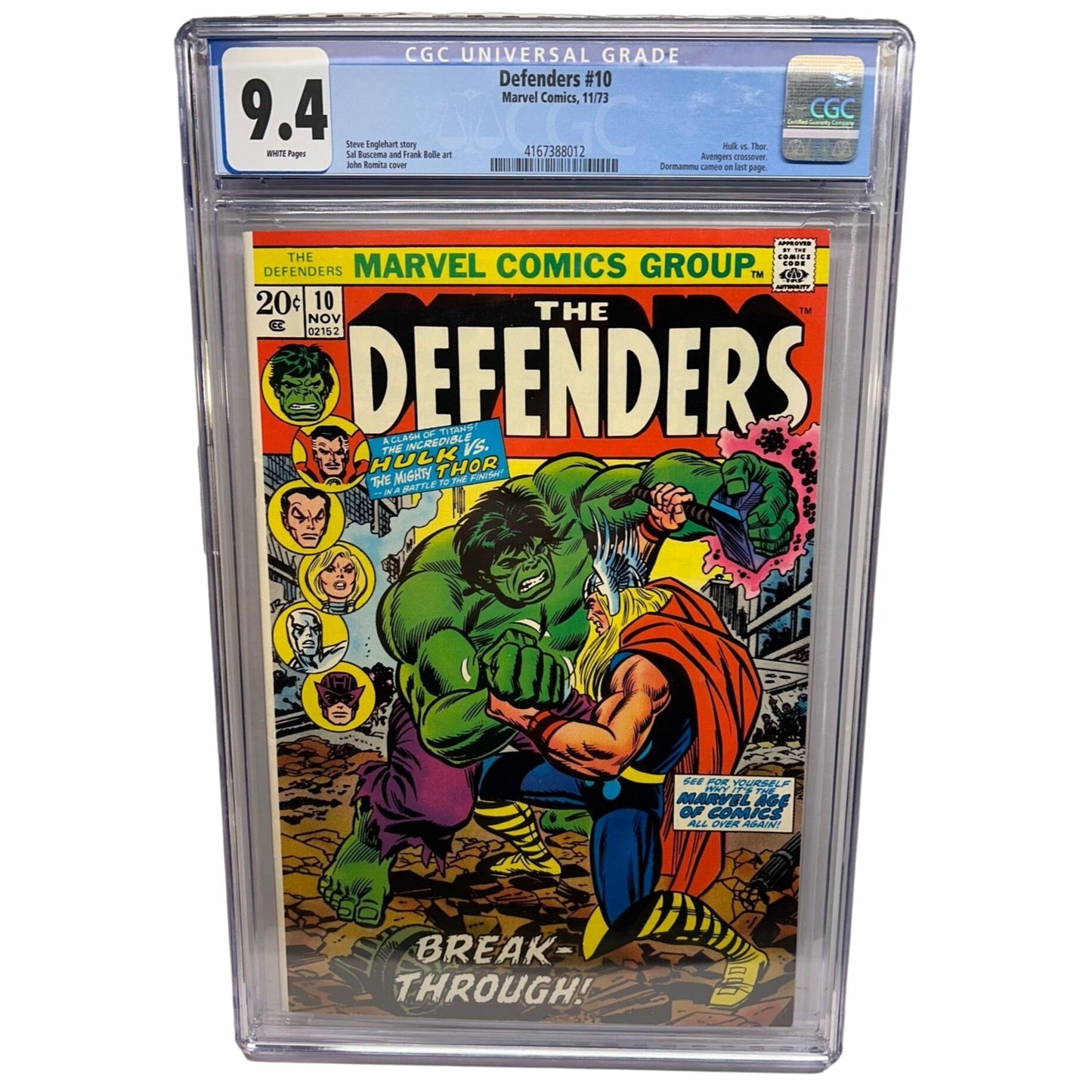Defenders #10 Marvel 1973 CGC 9.4 Hulk vs Thor Classic Romita Cover WHITE PAGES