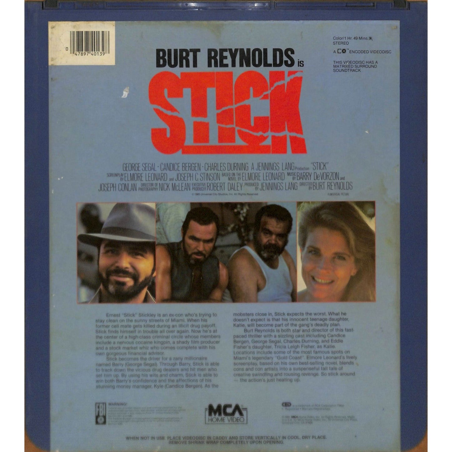 Stick (1985) Vintage CED RCA SelectaVision Videodisc TESTED WORKING