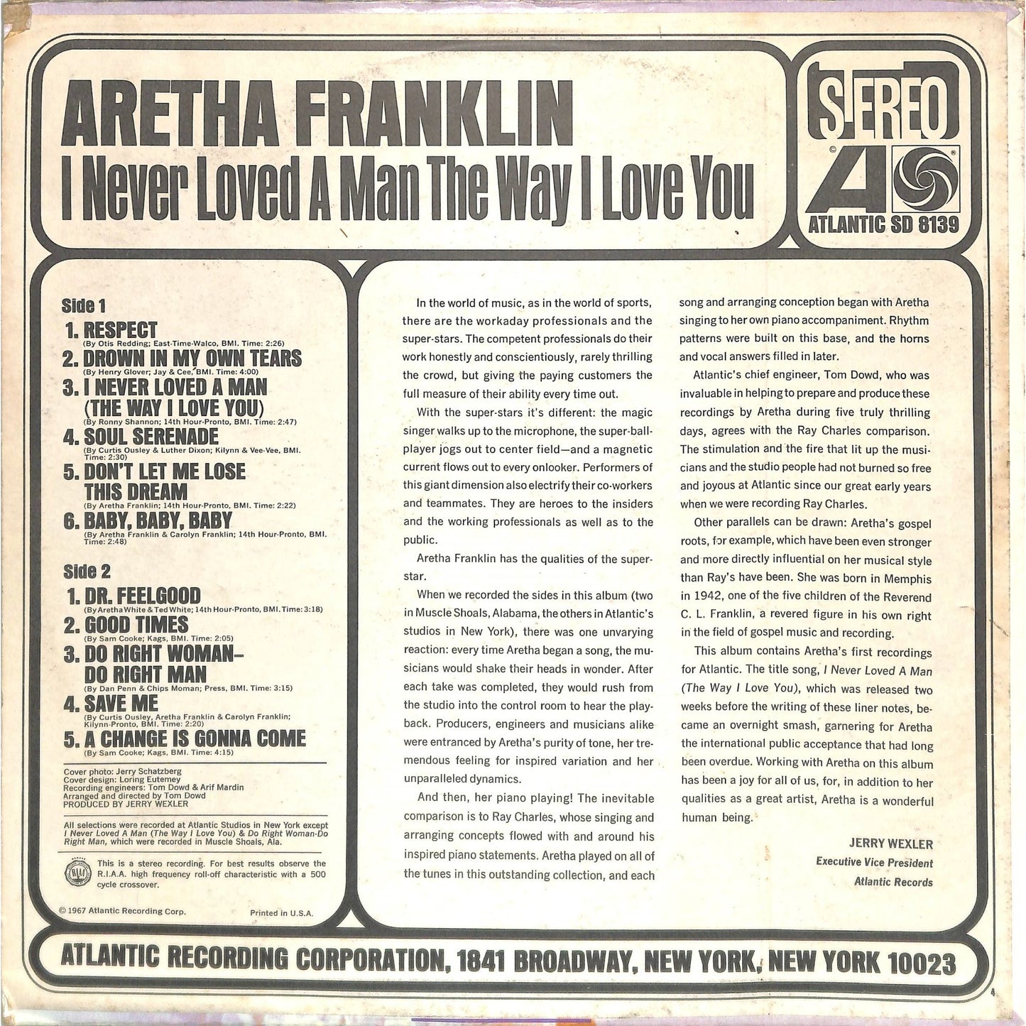 Aretha Franklin - I Never Loved a Man the Way I Love You (1967) Vinyl Record