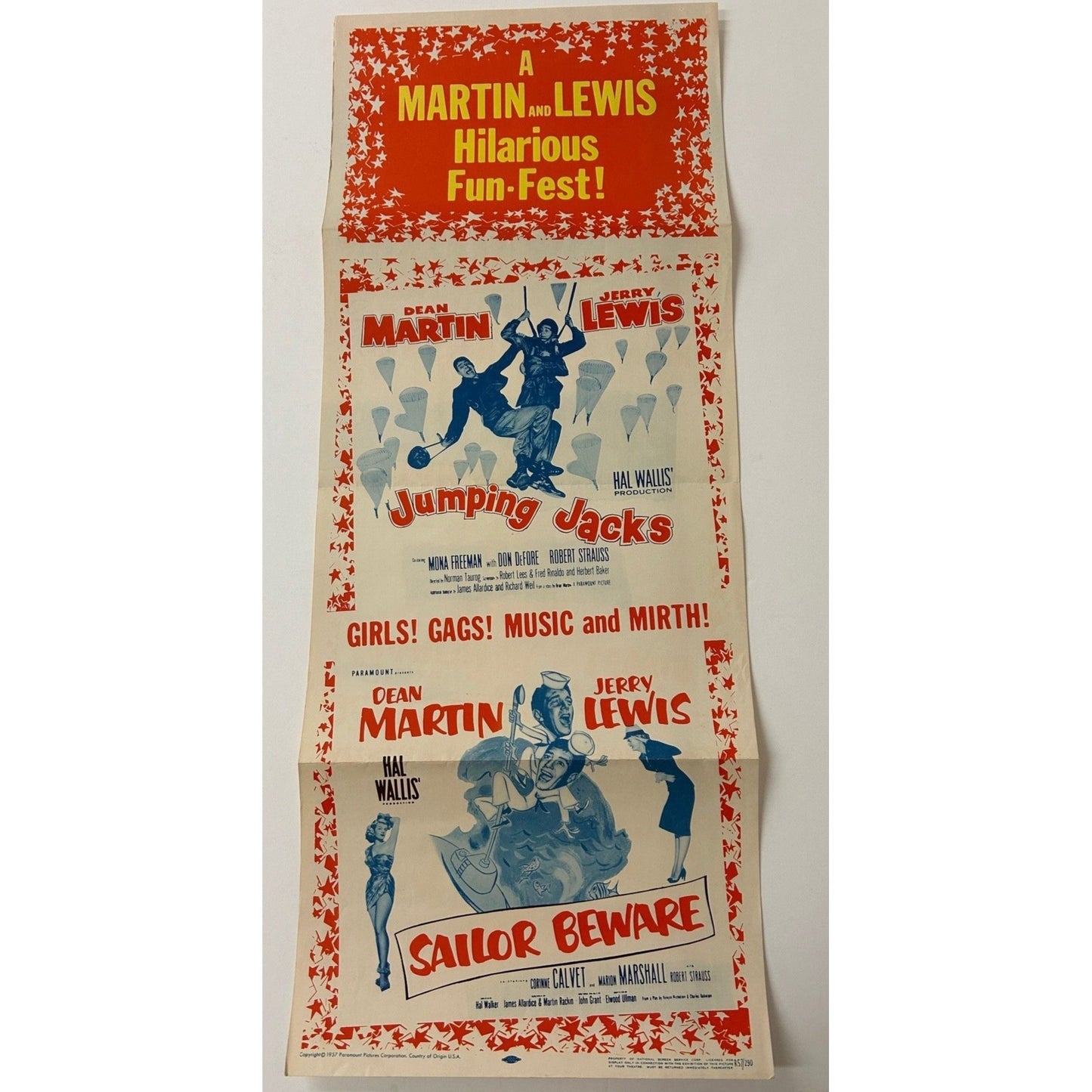 Sailor Beware + Jumping Jacks (1952) 1957 Movie Insert 14x36 Folded Martin/Lewis