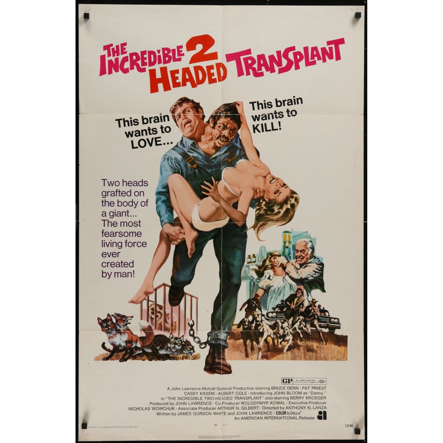 The Incredible 2-Headed Transplant (1971) Original Folded Movie Poster 27x41