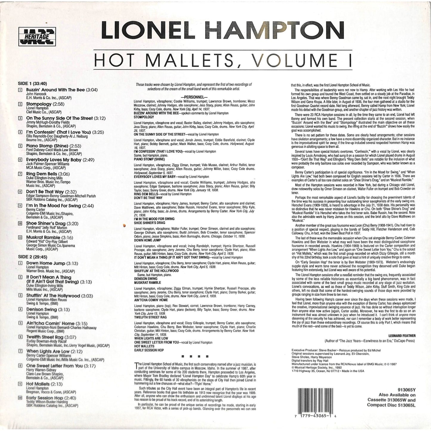Lionel Hampton - Hot Mallets, Vol. 1 (1992) Sealed Vinyl Record 913065Y