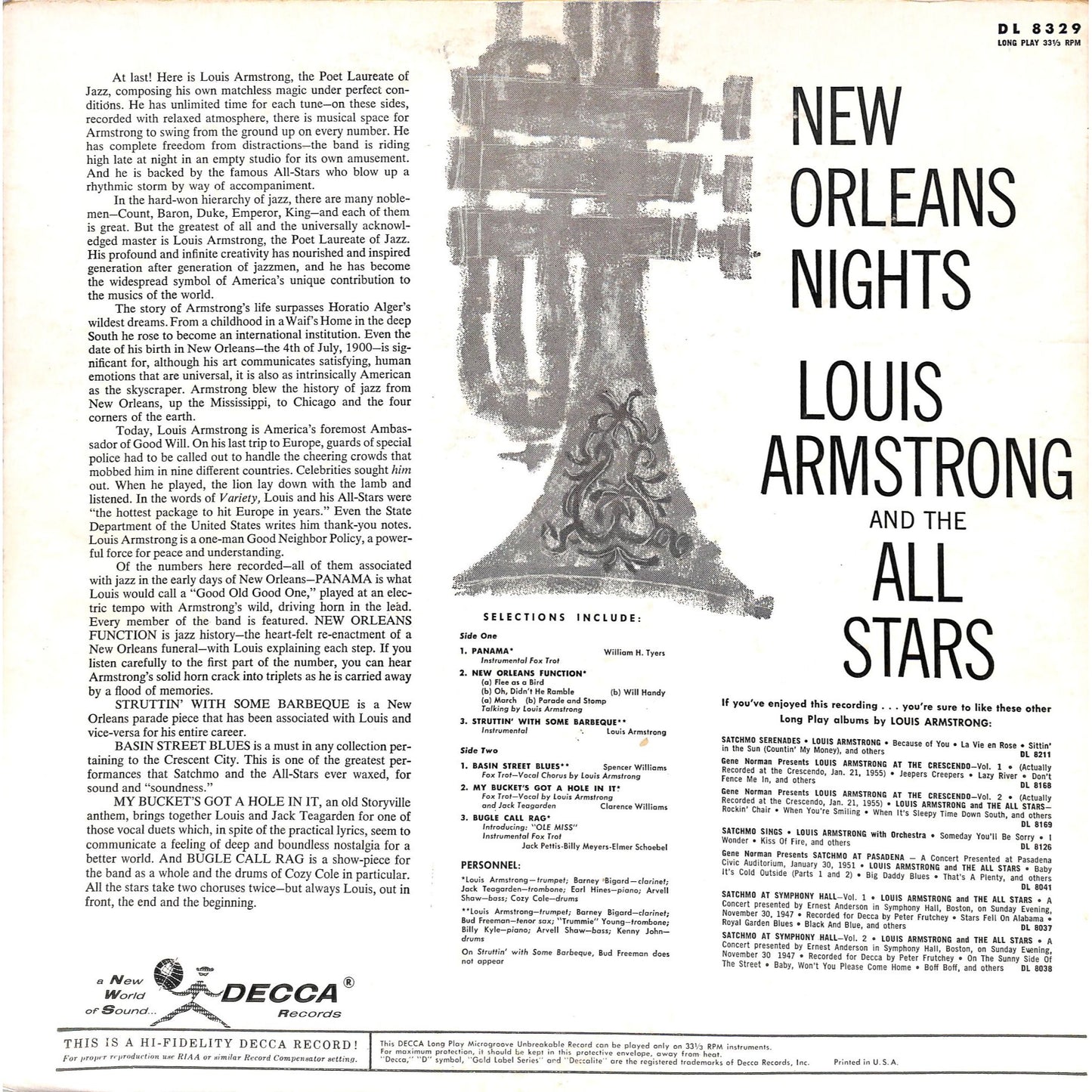 Louis Armstrong and his All-Stars - New Orleans Nights Vinyl Record DL 8329