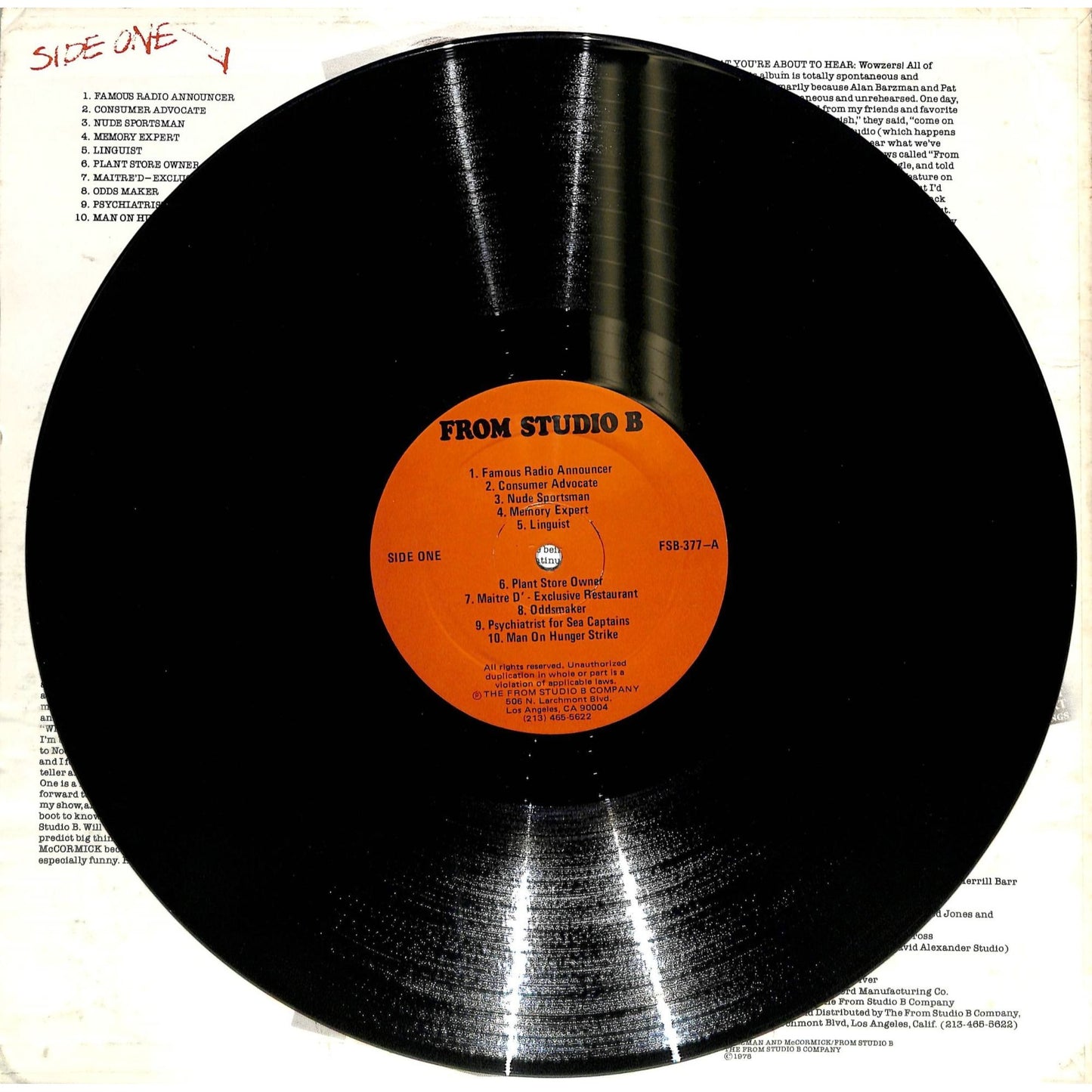 Alan Barzman/Pat McCormick - From: Studio B (1978) Vinyl Record FSB 377