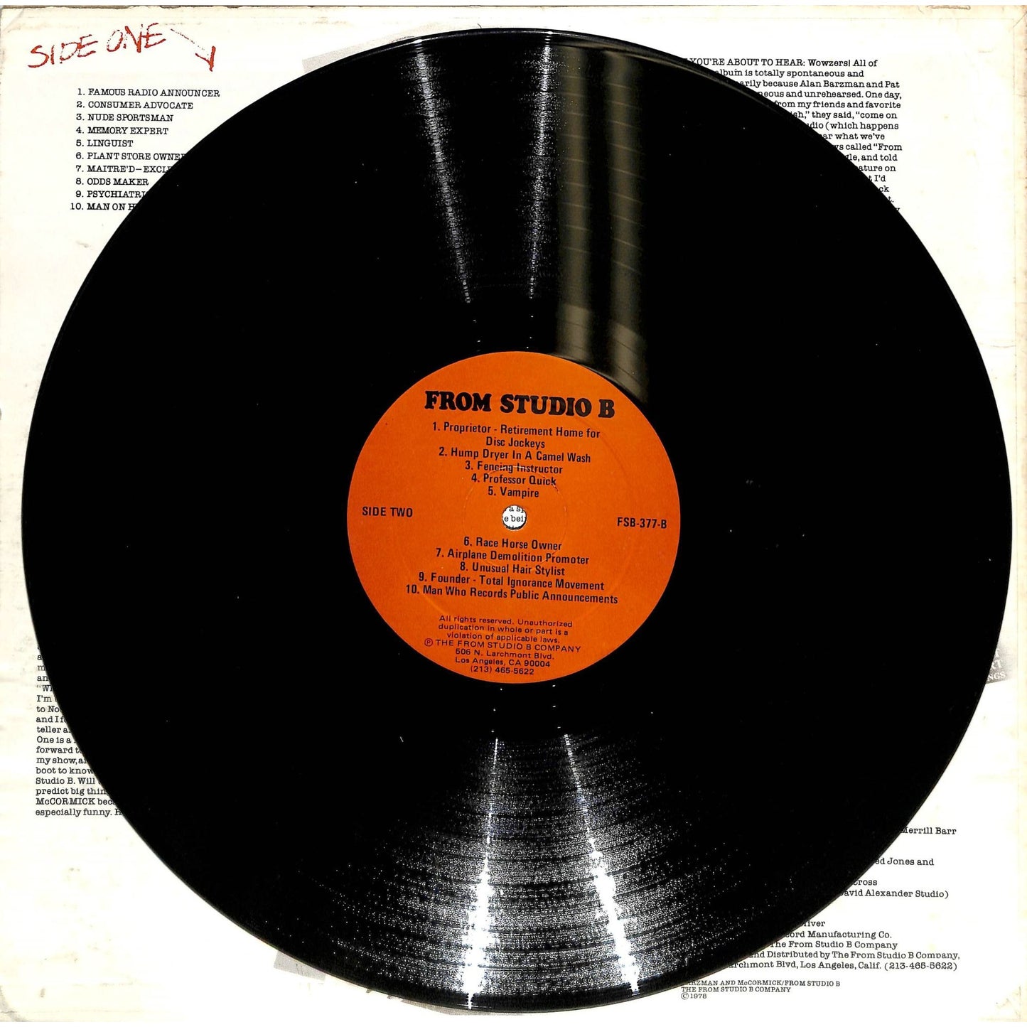 Alan Barzman/Pat McCormick - From: Studio B (1978) Vinyl Record FSB 377