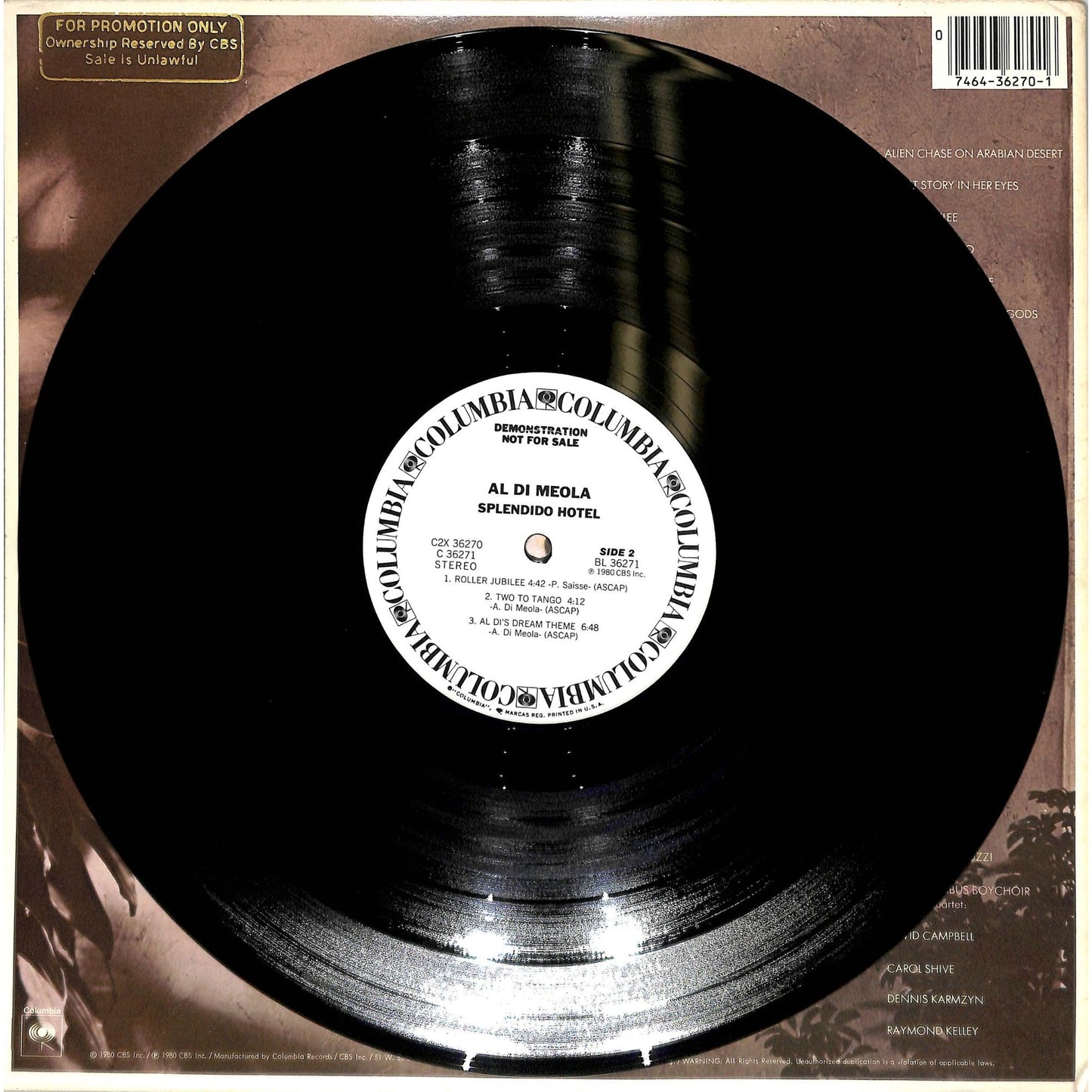 Al Di Meola - Splendido Hotel (1980) Promo 2LP Vinyl Record C2X 36270
