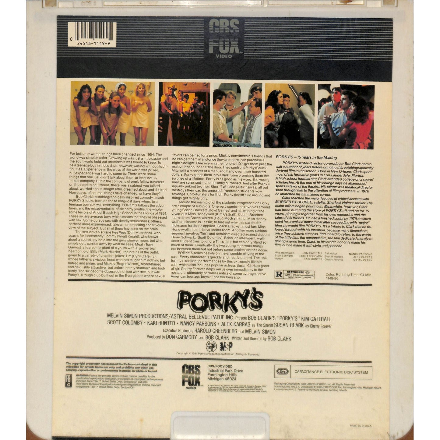 Porky's (1981) Vintage CED Videodisc TESTED WORKING