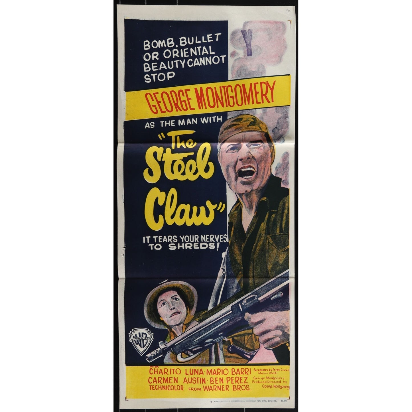 The Steel Claw (1961) Original Australian Daybill Movie Poster Folded 13x30