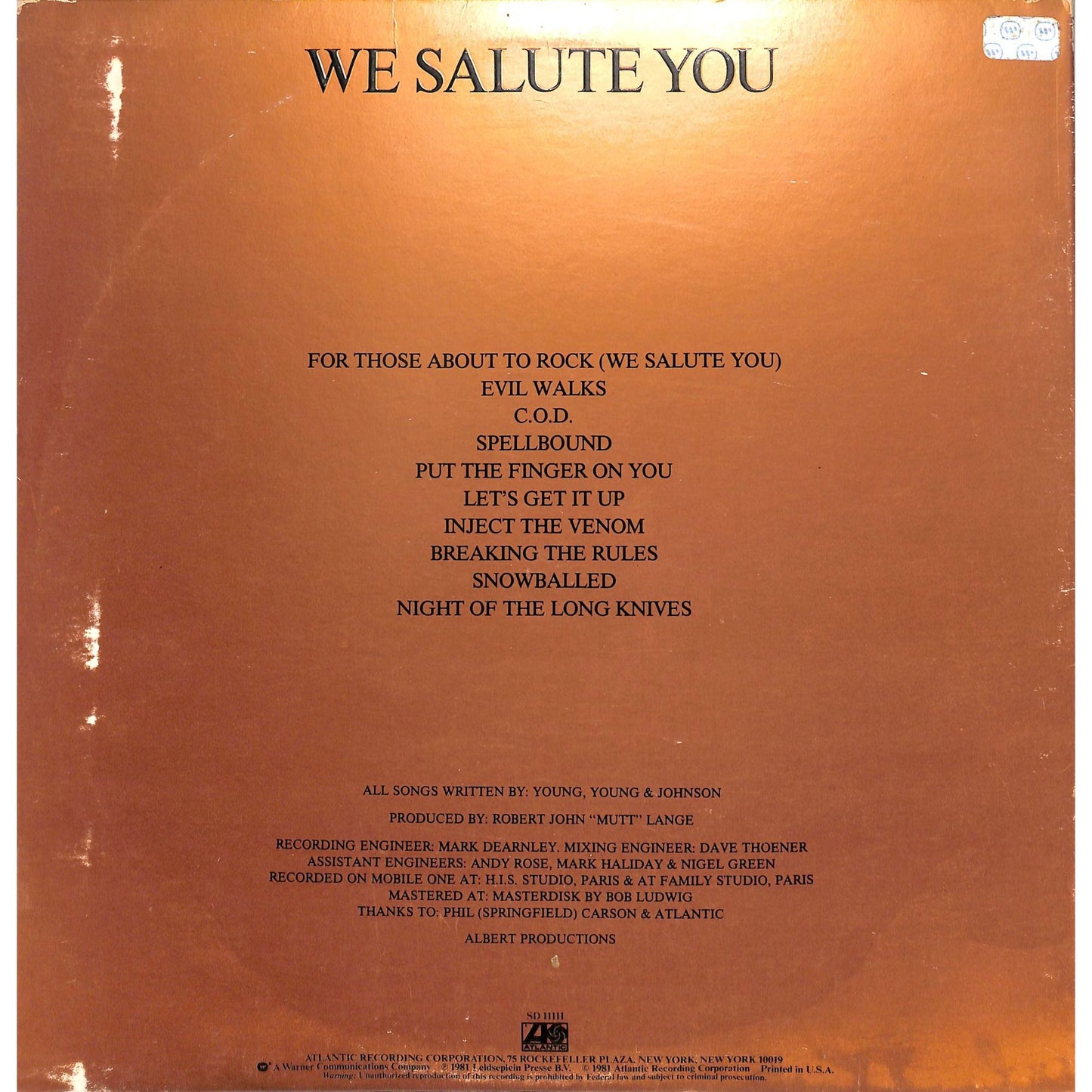 AC/DC - For Those About to Rock (We Salute You) Vinyl Record SD 11111