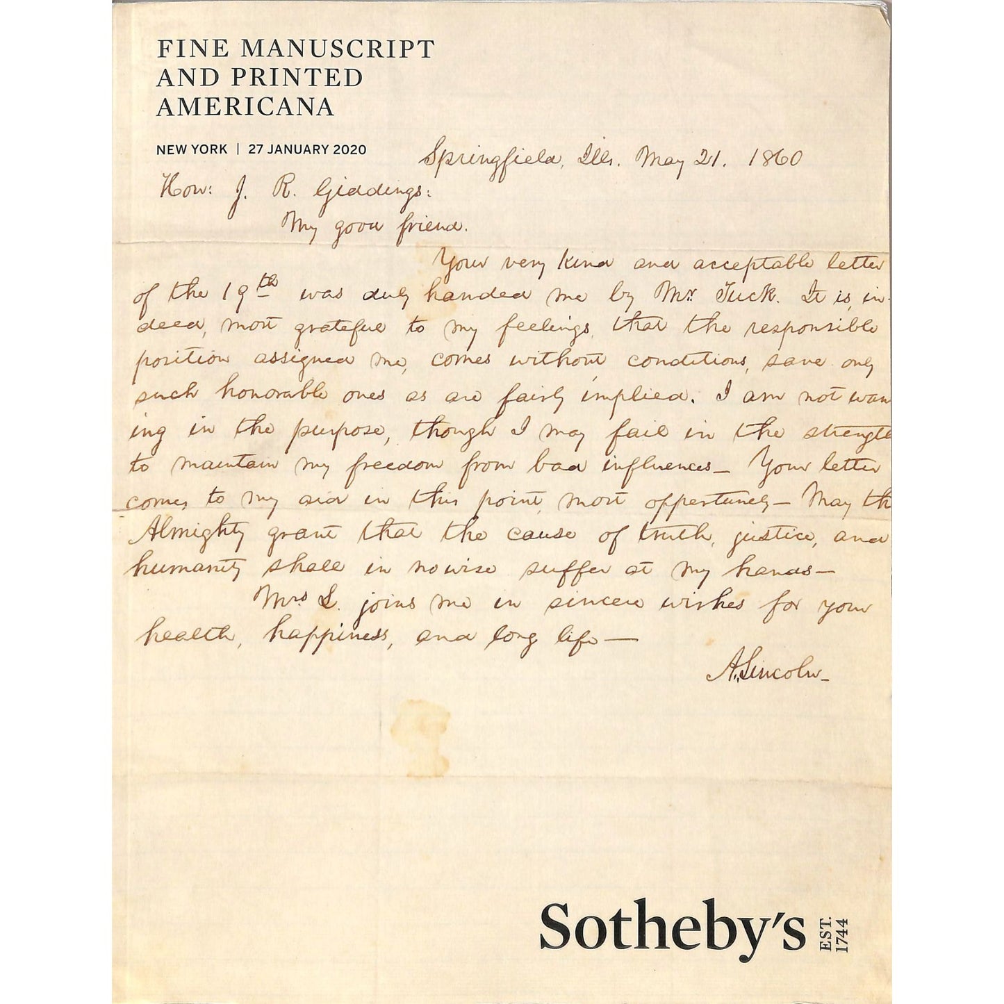 Sotheby's Fine Manuscript and Printed Americana Auction Catalog January 27, 2020