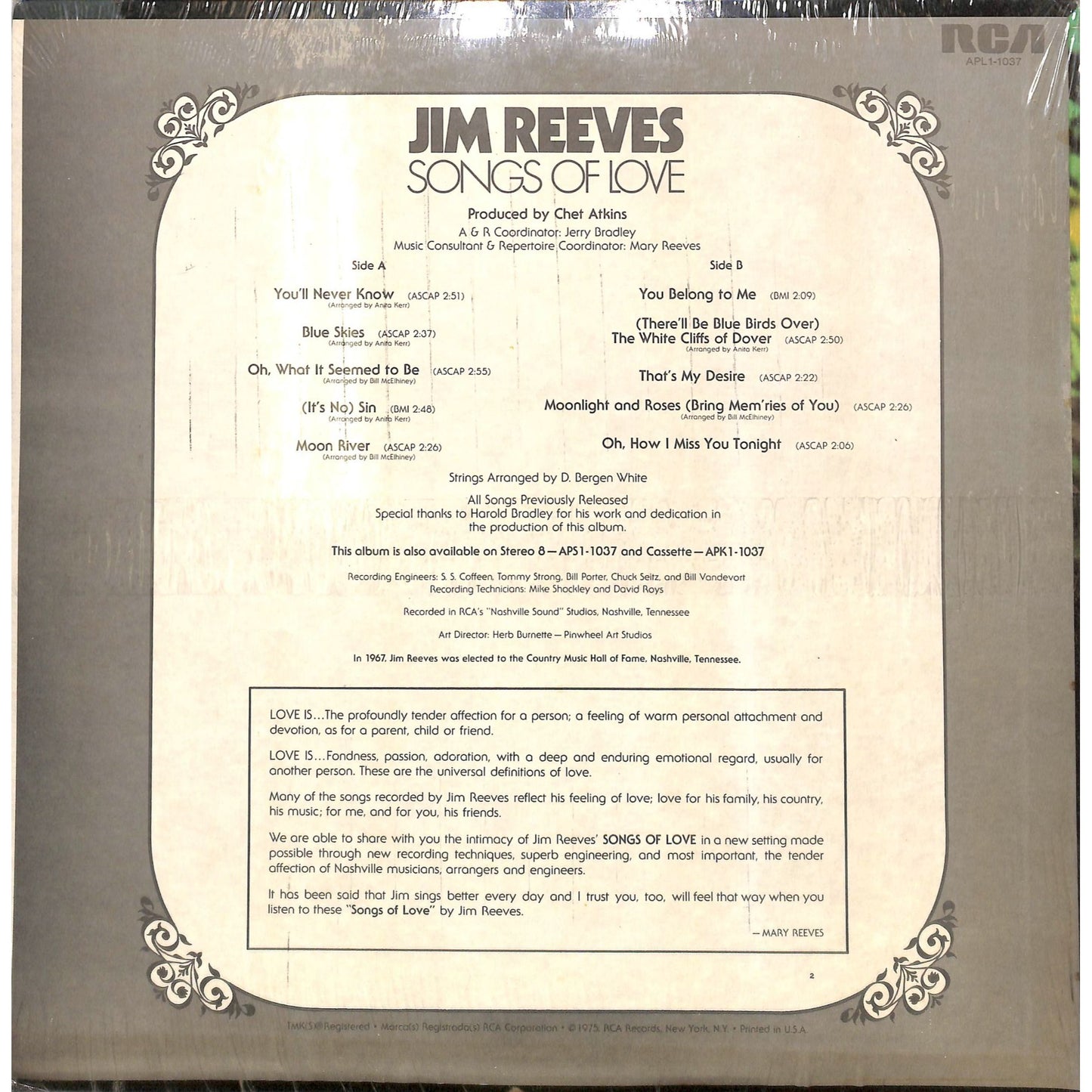 Jim Reeves - Songs of Love Vinyl Record APL1-1037