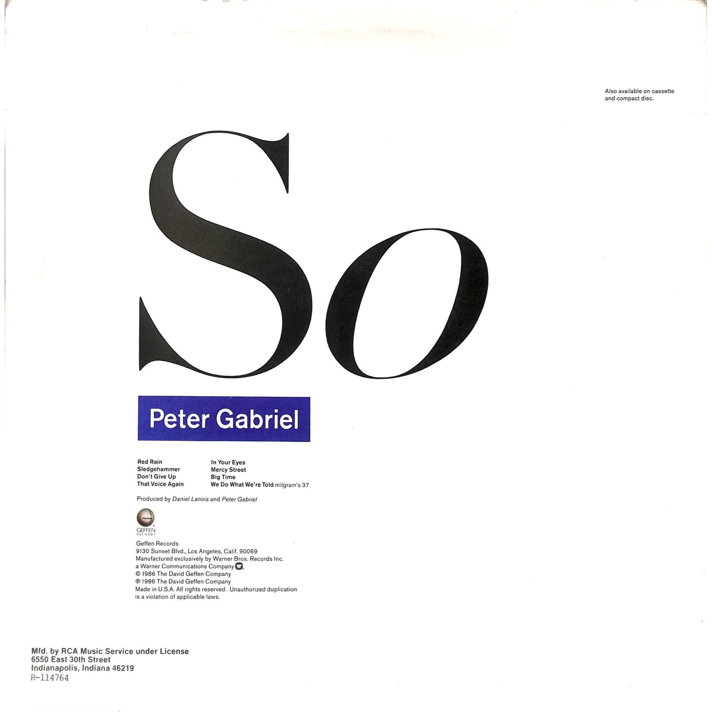 Peter Gabriel - So Vinyl Record GHS 24088