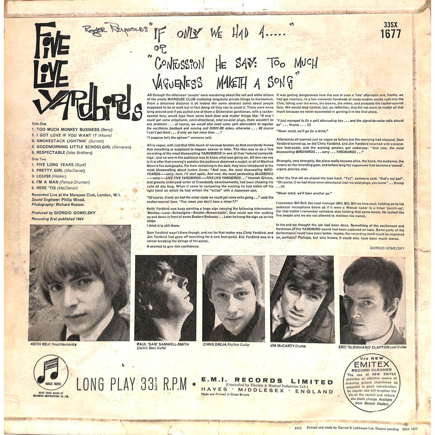 Yardbirds - Five Live Vinyl Record SX 1677