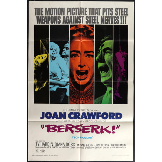 Berserk (1967) Original Horror Movie Poster Folded 27x41 Joan Crawford EM4-60