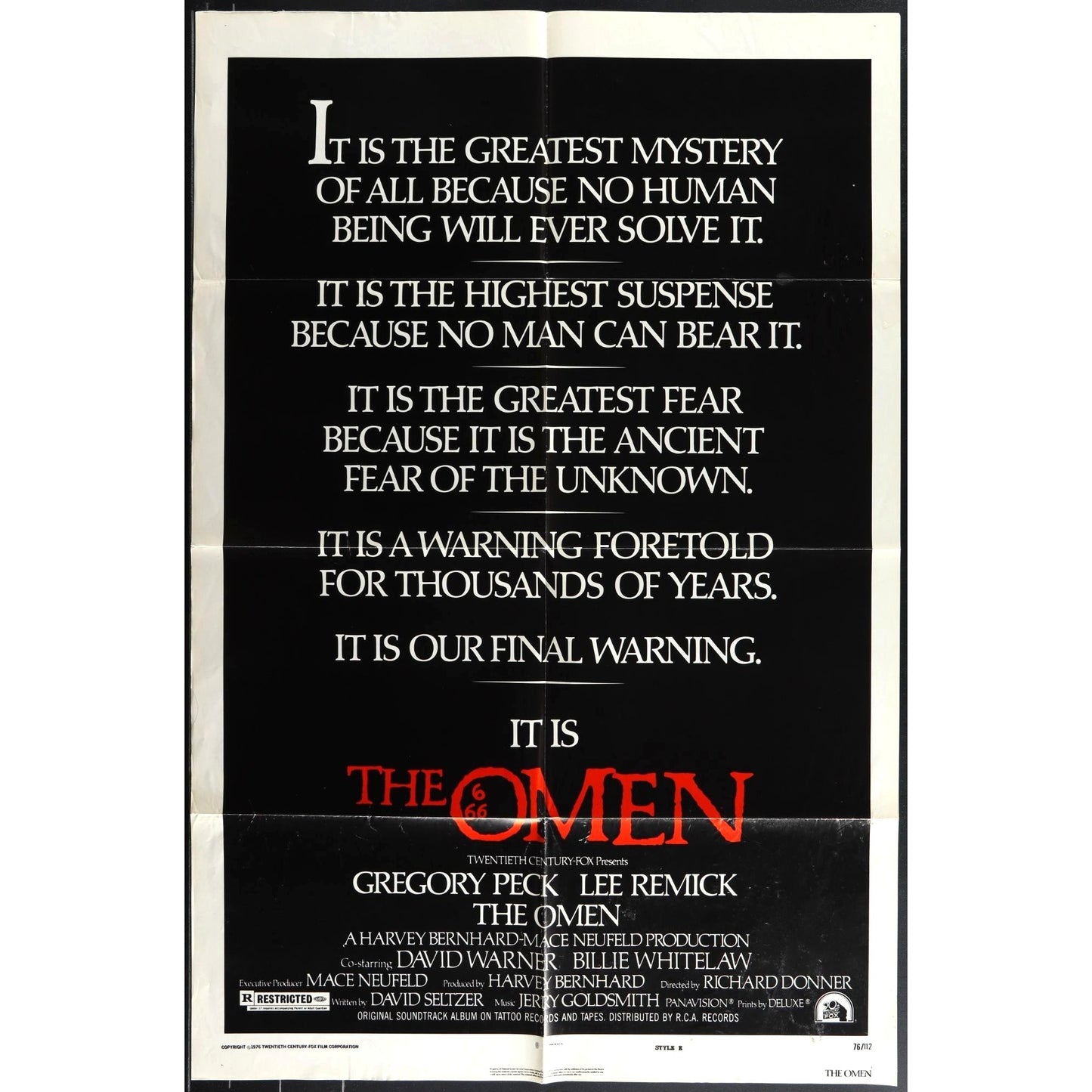 The Omen (1976) Original Movie Poster Folded 27x41 Gregory Peck EM4-149