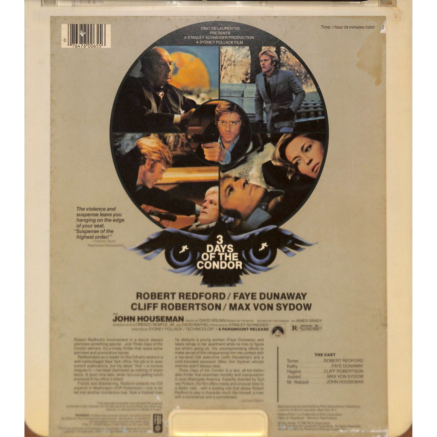 3 days of condor (1975) Vintage CED RCA SelectaVision Videodisc TESTED WORKING