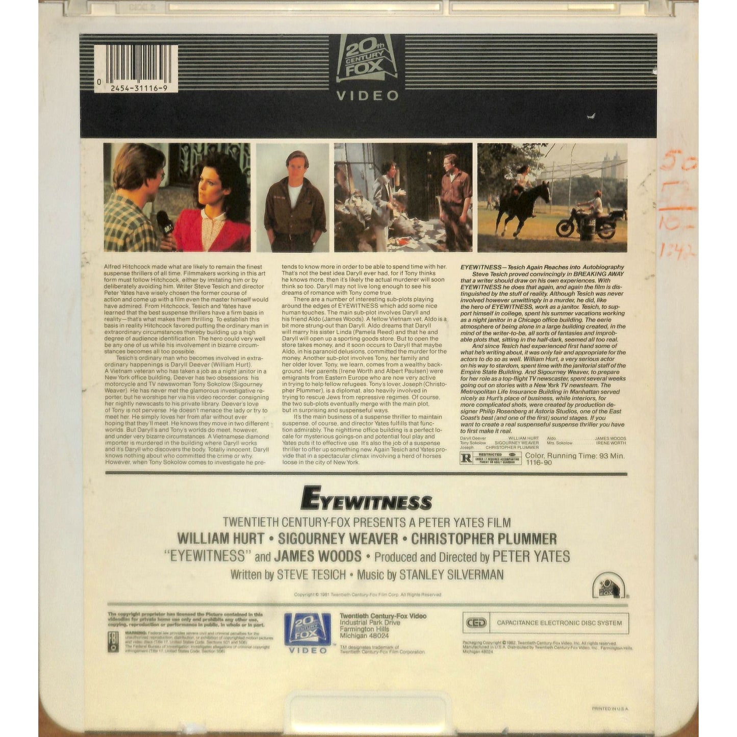 Eyewitness (1981) Vintage CED RCA SelectaVision Videodisc TESTEDWORKING