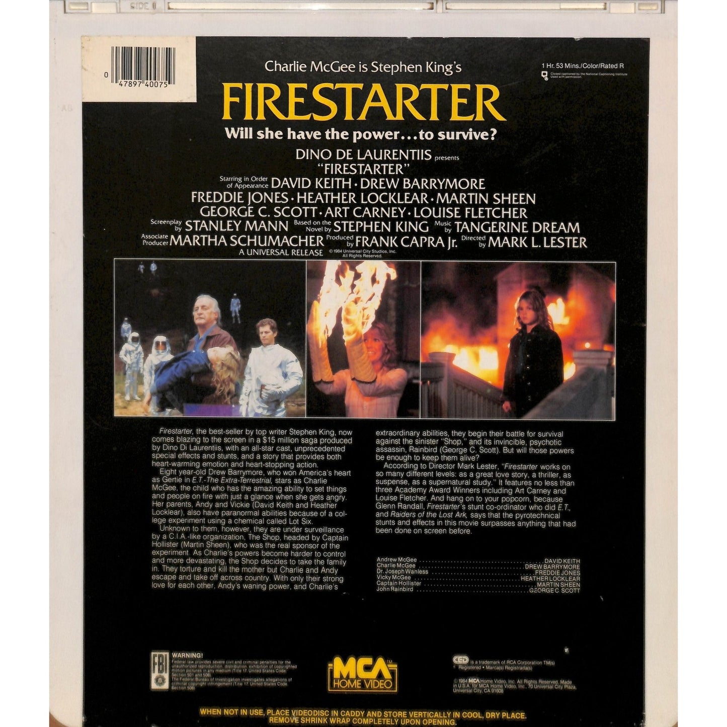 Firestarter (1984) Vintage CED RCA SelectaVision Videodisc TESTED WORKING
