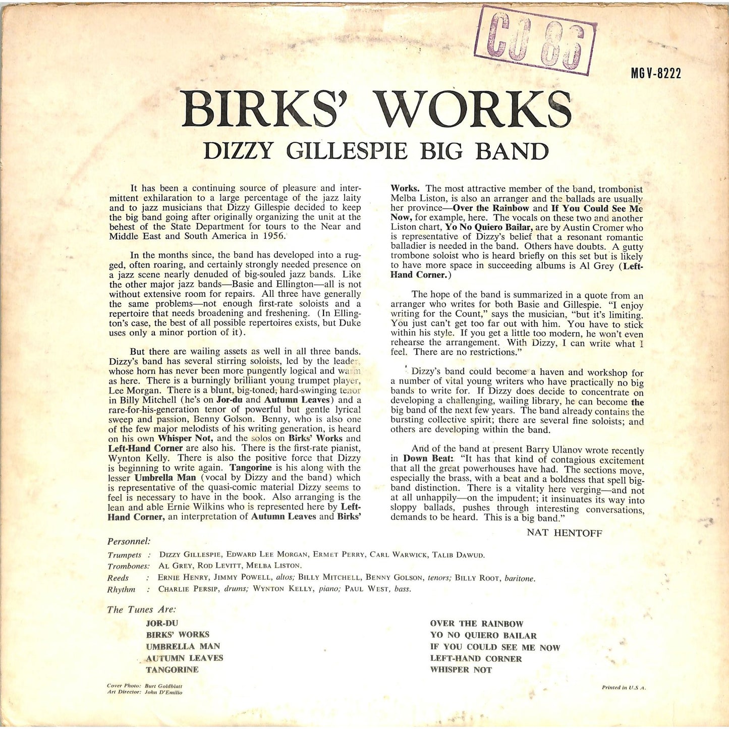 Dizzy Gillespie - Birks' Works (1957) Mono Vinyl Record MGV 8222