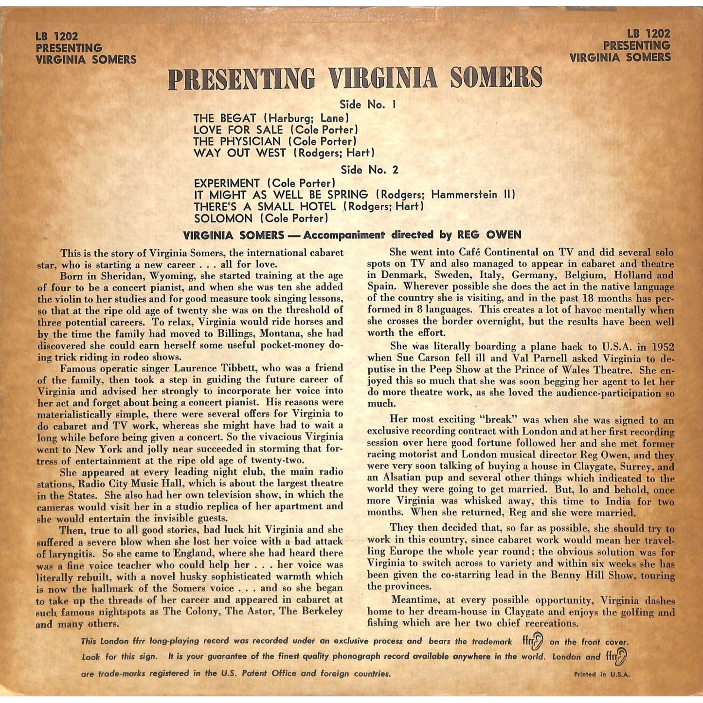 Presenting Virginia Somers (1954) 10" Vinyl Record LB 1202