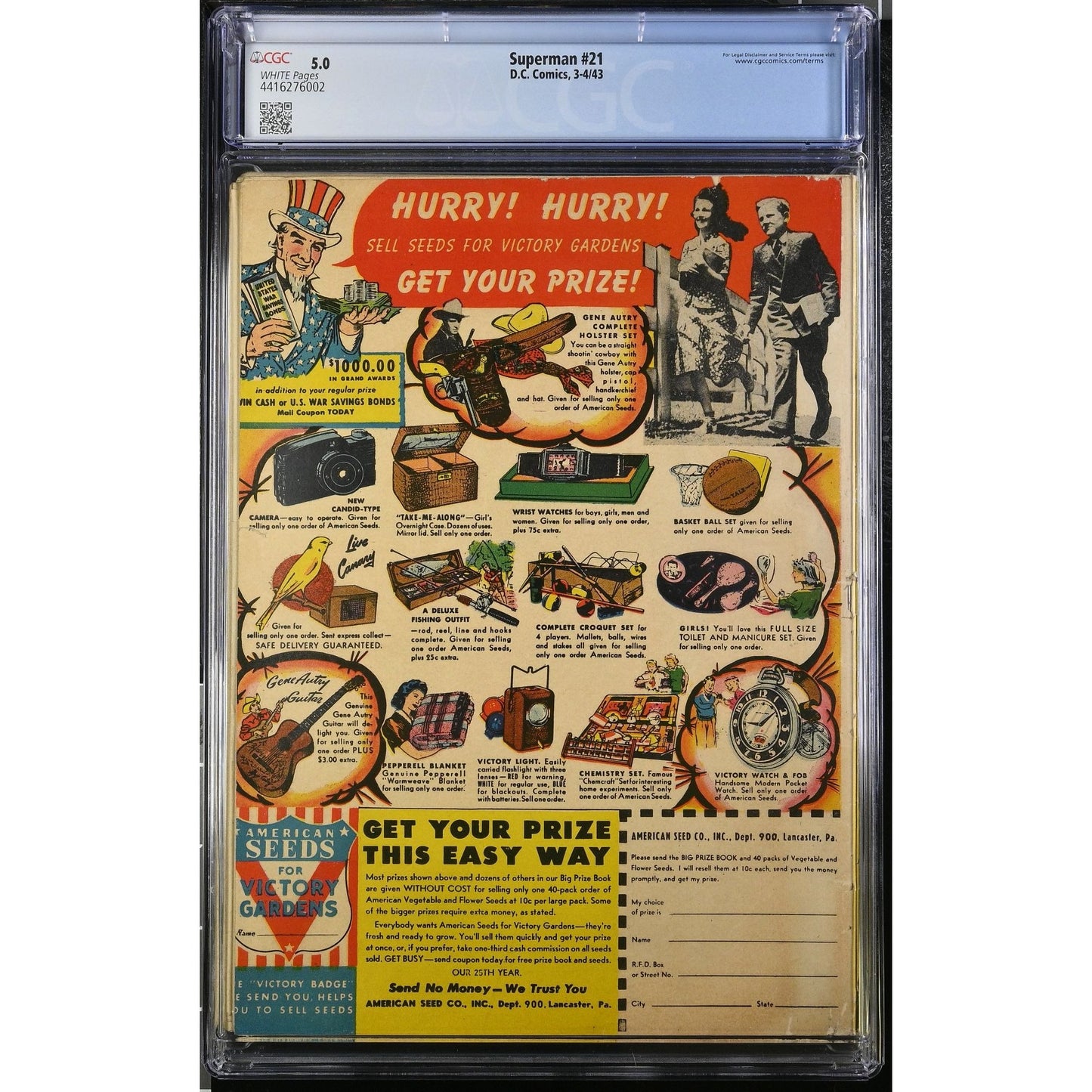 Superman #21 (1943) DC Comics CGC 5.0 White Pages