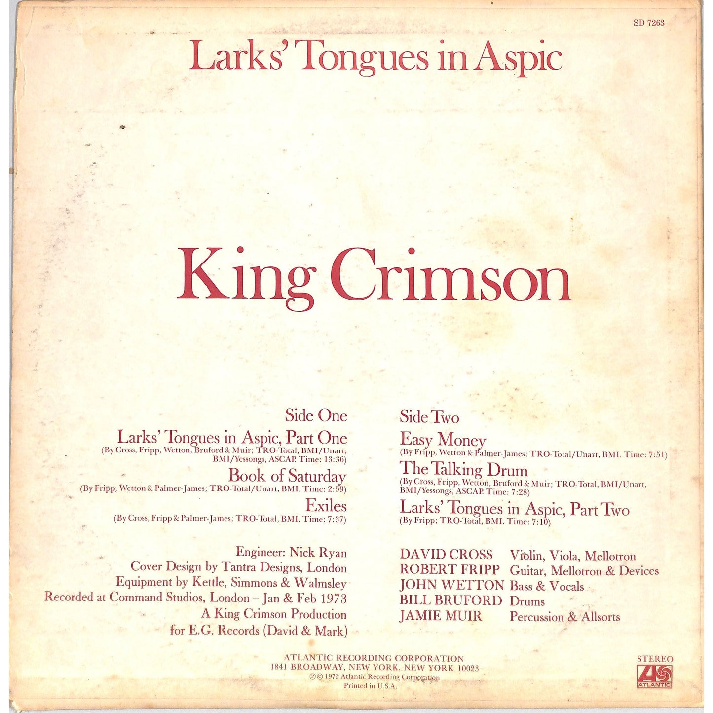 King Crimson - Larks' Tongue in Aspic (1973) Vinyl Record SD 7263