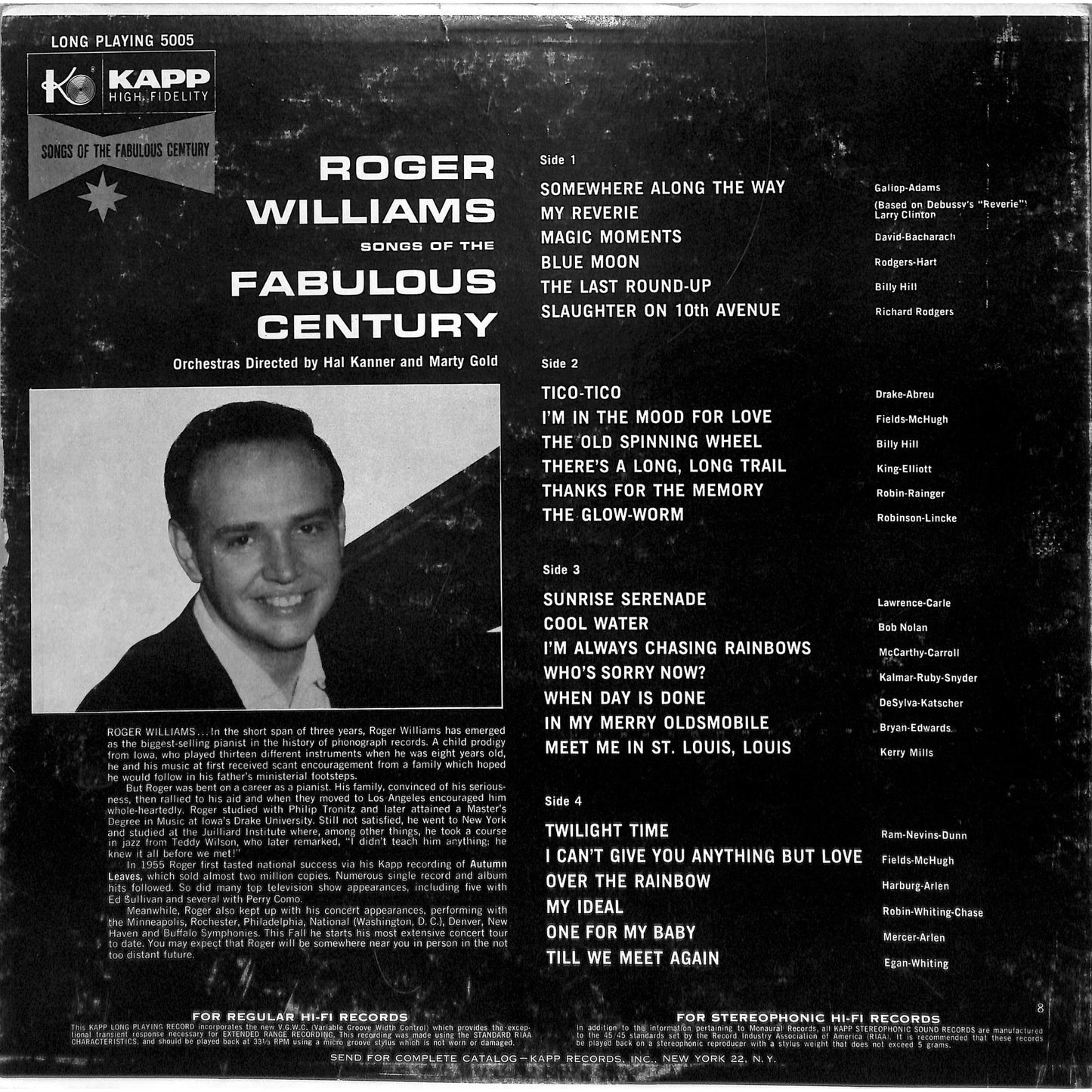 Roger Williams - Songs of the Fabulous Century (1958) 2LP Vinyl Record KXL-5005