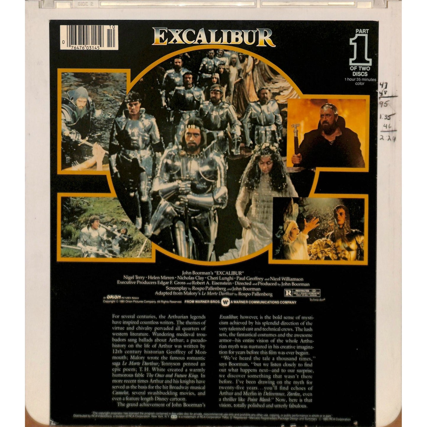 Excalibur (1981) Vintage CED RCA SelectaVision Videodisc TESTED WORKING