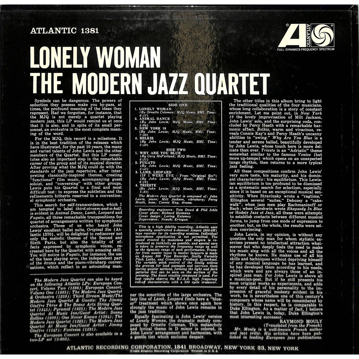 The Modern Jazz Quartet - Lonely Woman (1962) Vinyl Record 1381