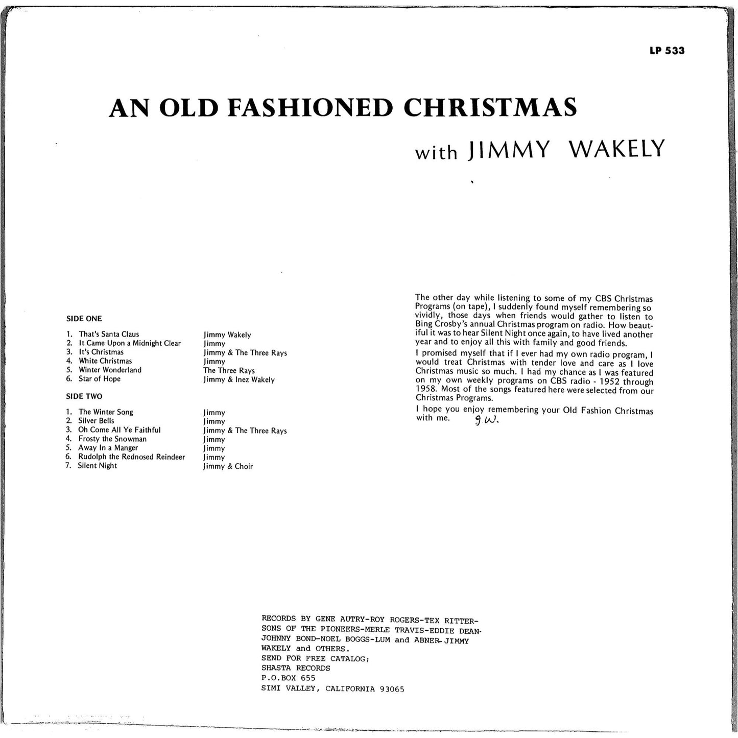 Jimmy Wakely - An Old Fashioned Christmas (1978) Vinyl Record SH-LP-533