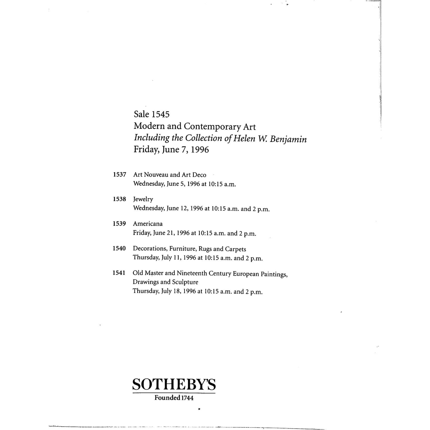 Sotheby's Modern and Contemporary Art Auction Catalog June 7, 1996