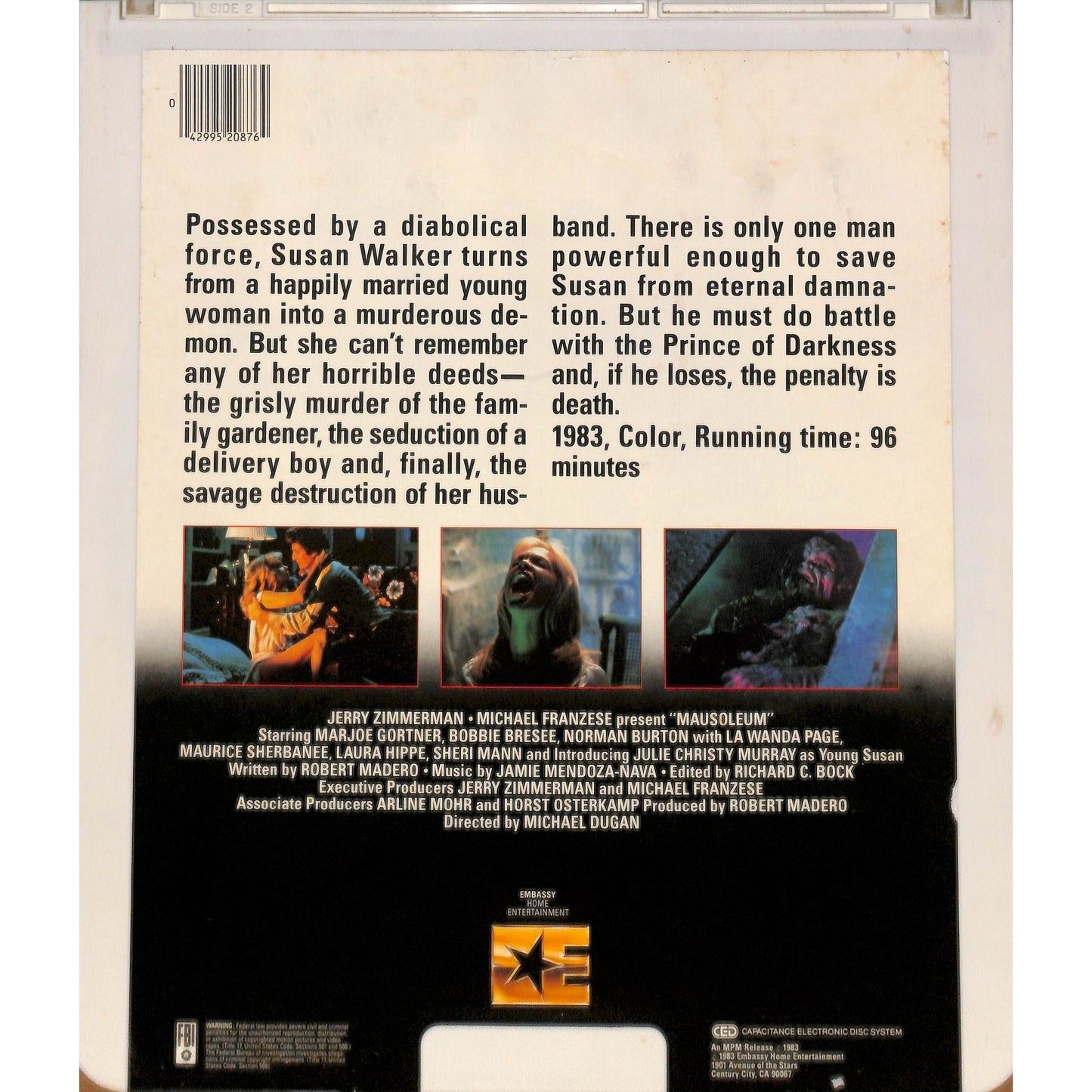 Mausoleum (1983) Vintage CED RCA SelectaVision Videodisc TESTED WORKING