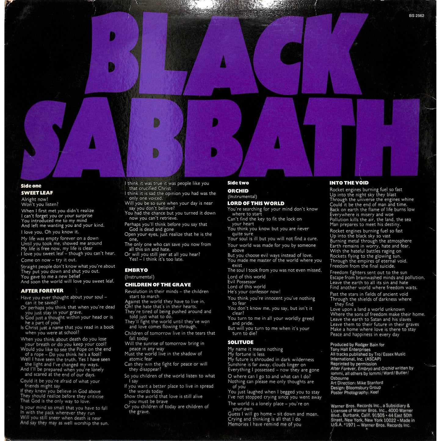 Black Sabbath - Master of Reality (1971) Vinyl Record BS 2562