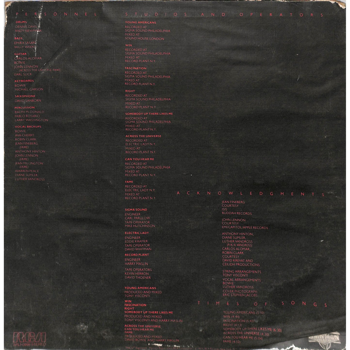 David Bowie - Young Americans Vinyl Record APL1-0998