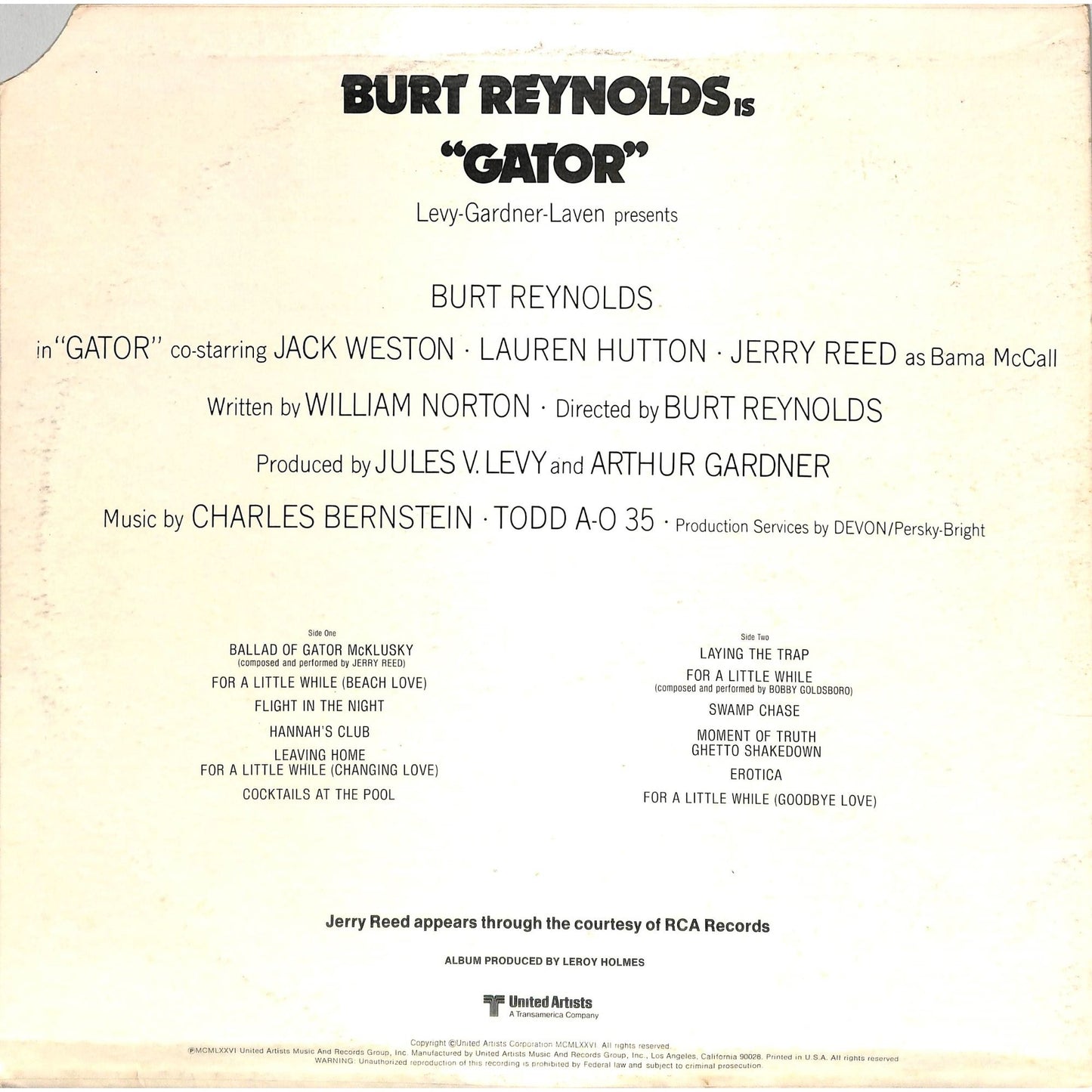 Gator (Original Motion Picture Soundtrack) 1976 Vinyl Record UA-LA646-G