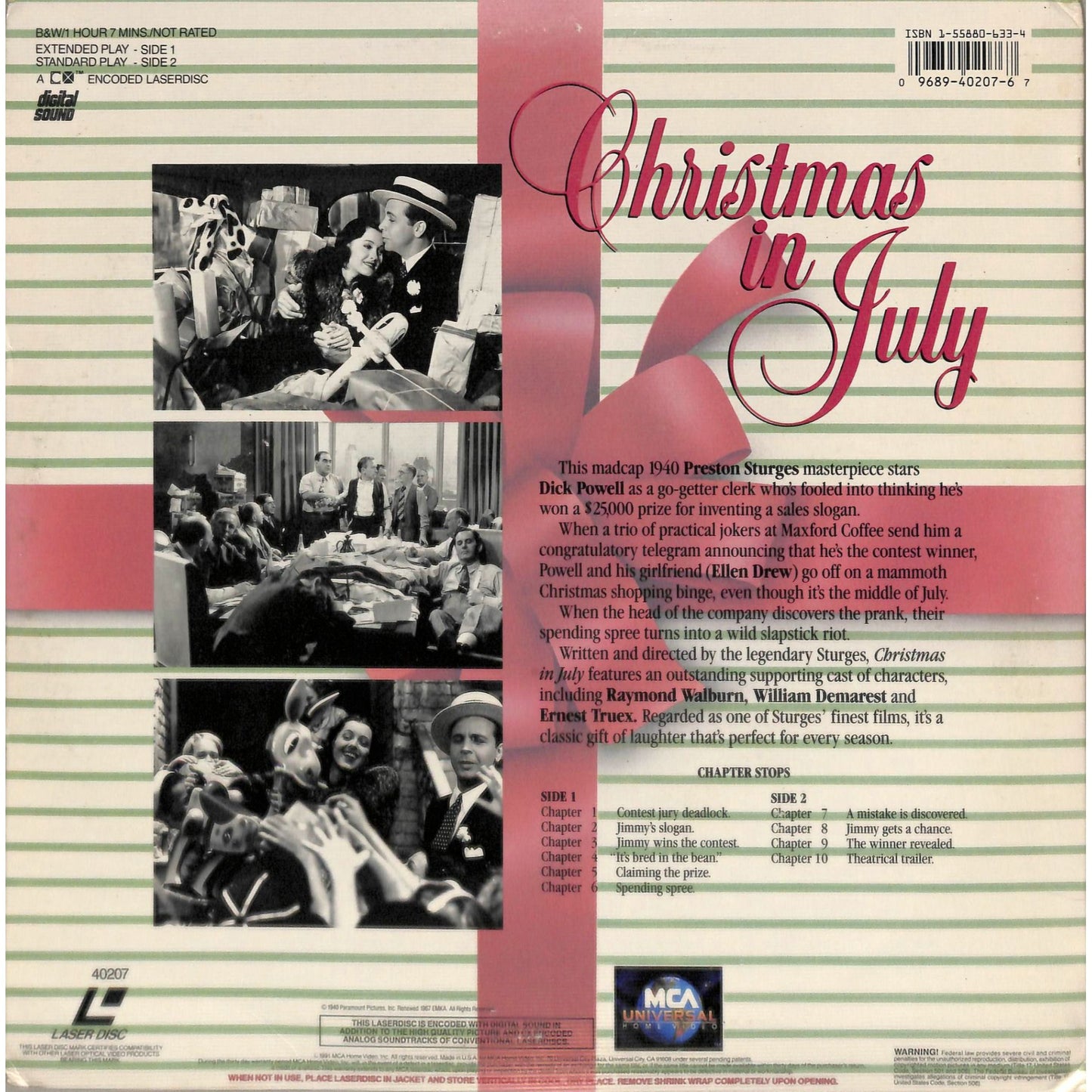 Christmas in July (1940) Laserdisc