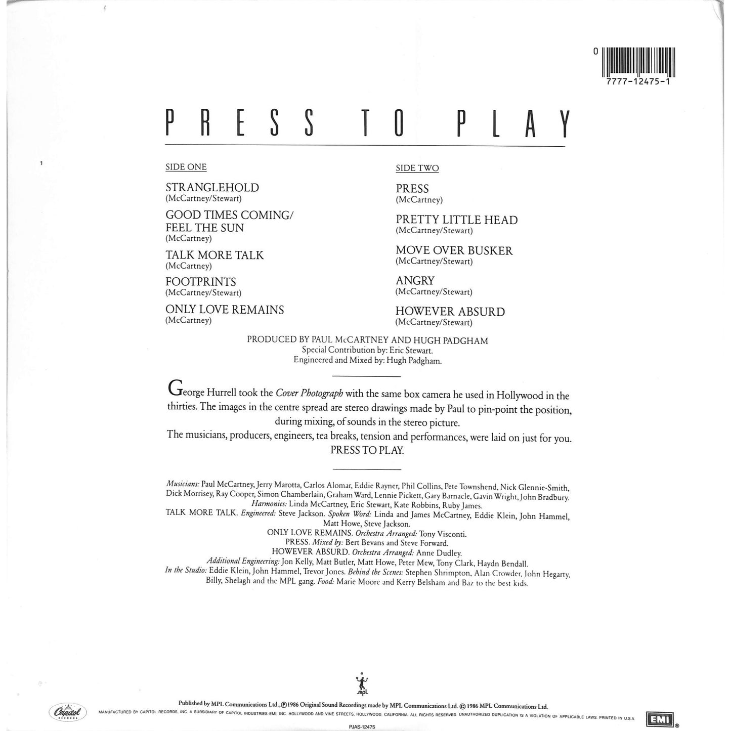 Paul McCartney - Press to Play Vinyl Record PJAS 12475