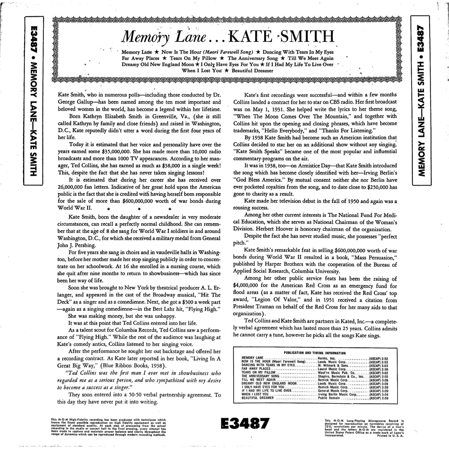 Kate Smith - Memory Lane Vinyl Record E-3487
