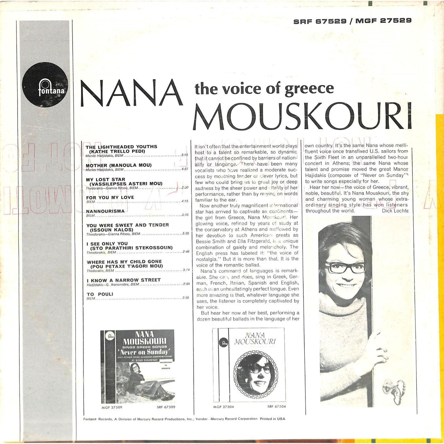 Nana Mouskouri - The Voice of Greece (1964) Promo Vinyl Record MGF-27529
